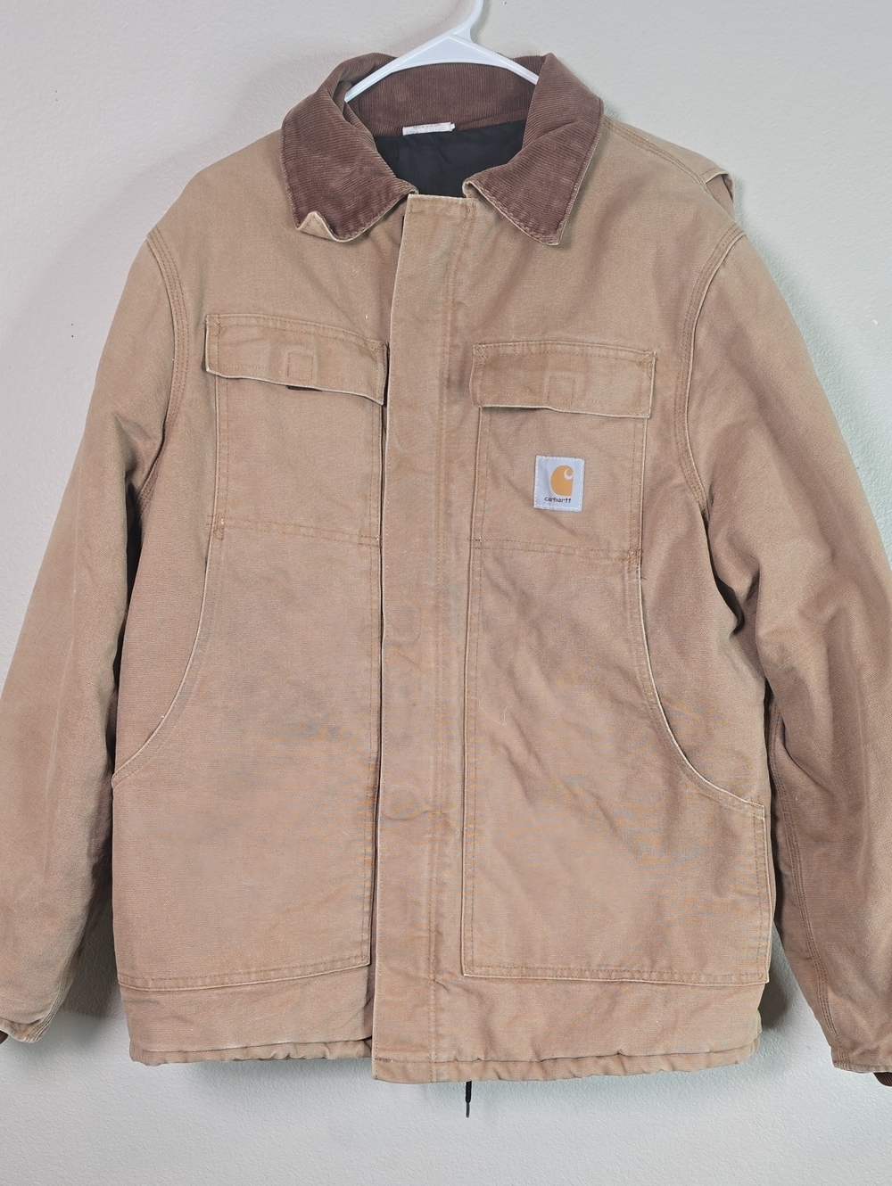 Vintage Carhartt Tan Brown Canvas Work Jacket with Corduroy Collar CQ186 Size 42